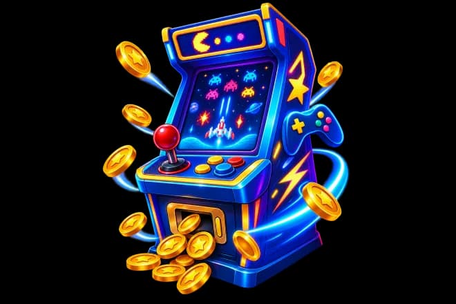 Arcade cabinet surrounded by gold coins
