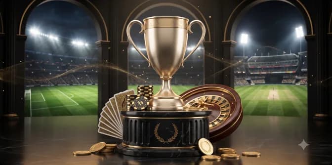 Sports betting trophy and stadium backdrop on the BetKhala app