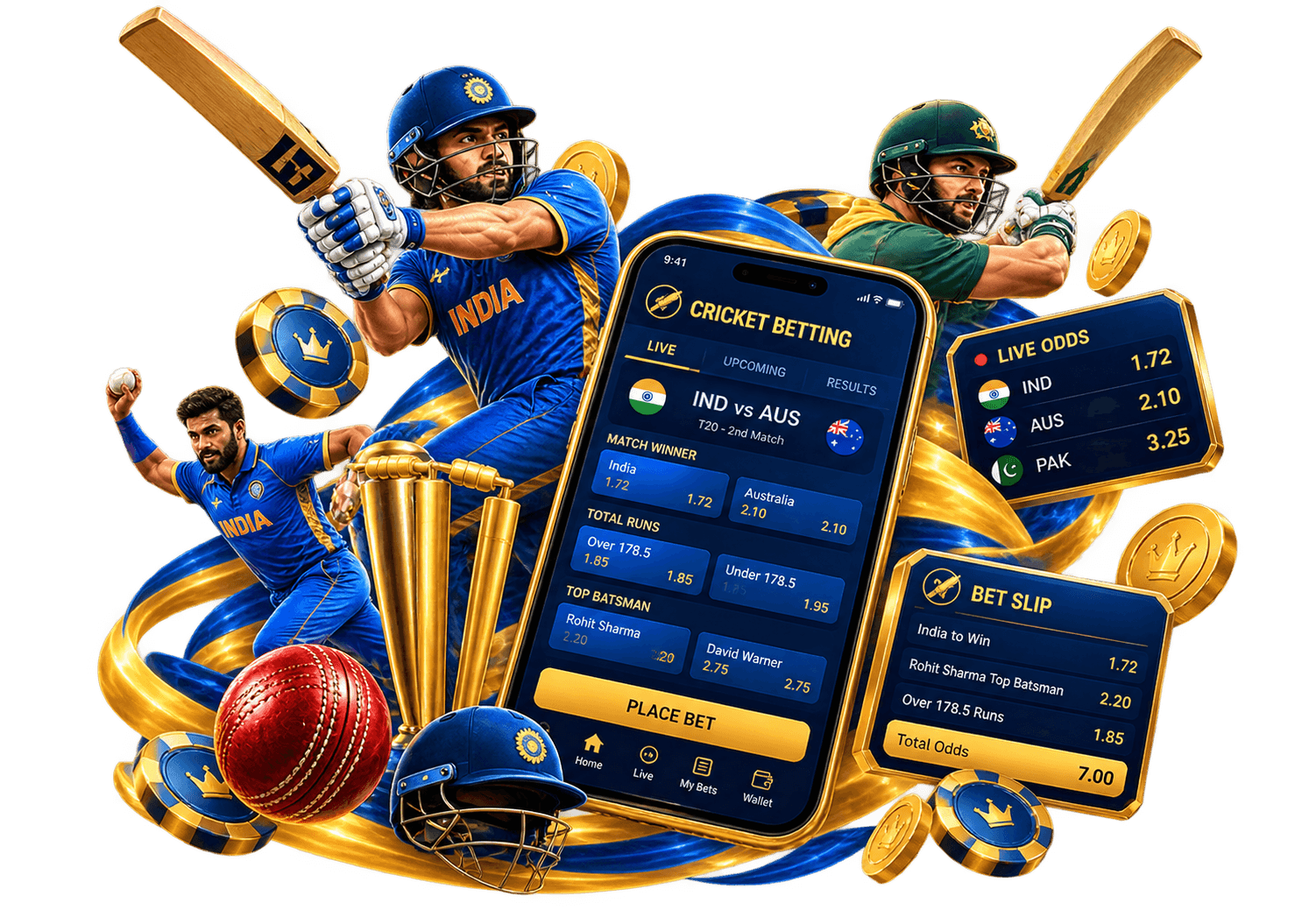 Cricket players and a betting slip showing live odds